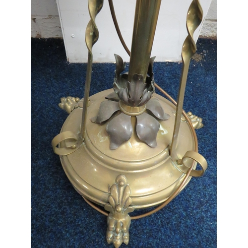 385 - Vintage Brass Standard lamp with Lion Paw Feet and decoration to base. Comes with fancy shade. Appro... 