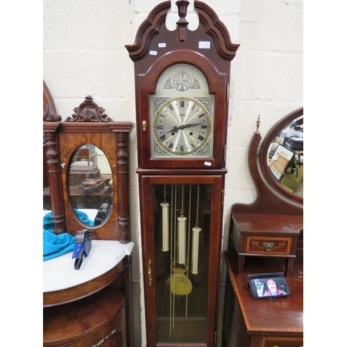 394 - Highlands' Tempus Fugit Reproduction Long case clock with brushed steel face. Running order with Key... 