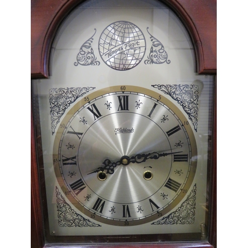 394 - Highlands' Tempus Fugit Reproduction Long case clock with brushed steel face. Running order with Key... 