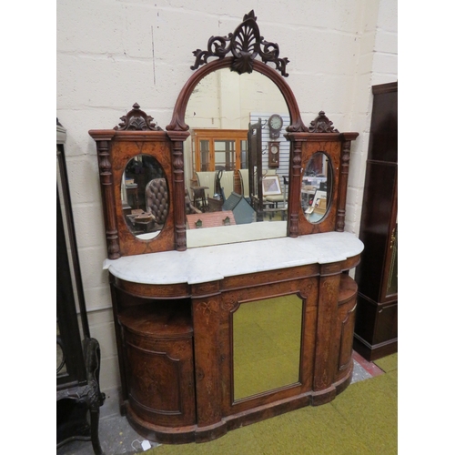 395 - Victorian Credenza with Marble top, mirror door. Walnut Veneer with inlaid decoration. Curved side d... 