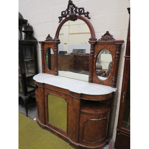 395 - Victorian Credenza with Marble top, mirror door. Walnut Veneer with inlaid decoration. Curved side d... 