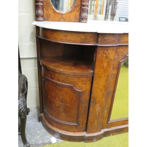 395 - Victorian Credenza with Marble top, mirror door. Walnut Veneer with inlaid decoration. Curved side d... 