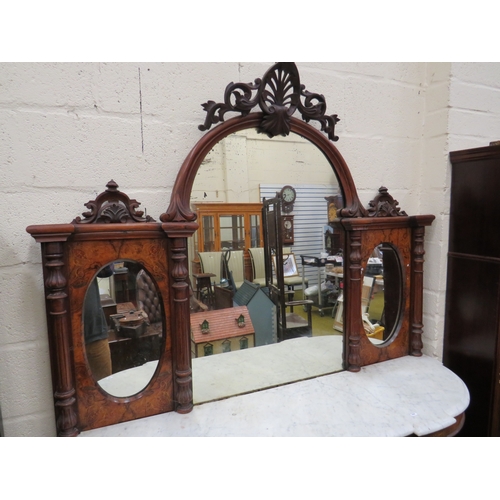 395 - Victorian Credenza with Marble top, mirror door. Walnut Veneer with inlaid decoration. Curved side d... 