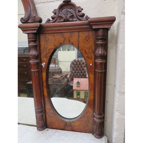 395 - Victorian Credenza with Marble top, mirror door. Walnut Veneer with inlaid decoration. Curved side d... 