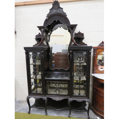 396 - Imposing Ebonised Victorian Gothic Revival Mirror backed display cabinet with three glass fronted do... 