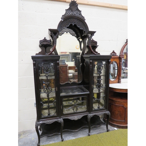 396 - Imposing Ebonised Victorian Gothic Revival Mirror backed display cabinet with three glass fronted do... 