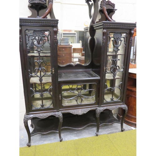 396 - Imposing Ebonised Victorian Gothic Revival Mirror backed display cabinet with three glass fronted do... 