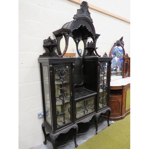 396 - Imposing Ebonised Victorian Gothic Revival Mirror backed display cabinet with three glass fronted do... 