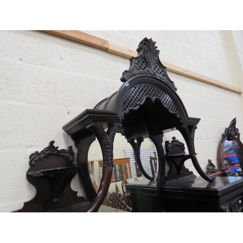 396 - Imposing Ebonised Victorian Gothic Revival Mirror backed display cabinet with three glass fronted do... 