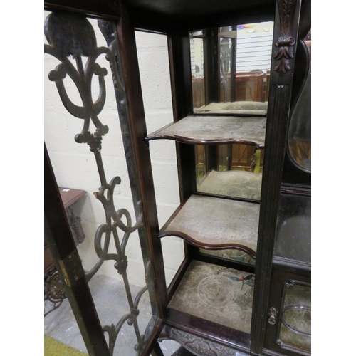 396 - Imposing Ebonised Victorian Gothic Revival Mirror backed display cabinet with three glass fronted do... 