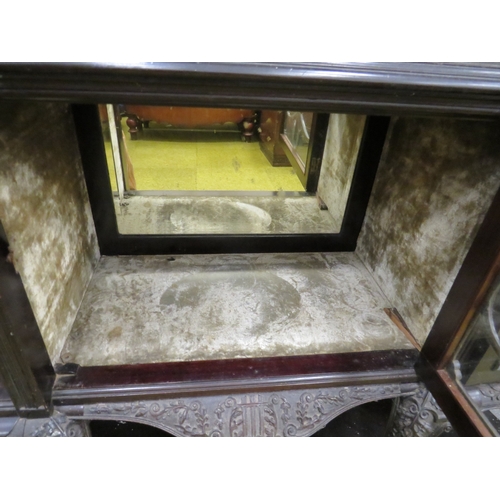 396 - Imposing Ebonised Victorian Gothic Revival Mirror backed display cabinet with three glass fronted do... 