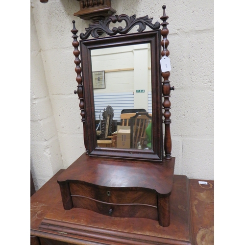 397 - Mahogany Tilt top dressing table mirror with two drawers to front. H:28 x W:17 x D:10 inches.