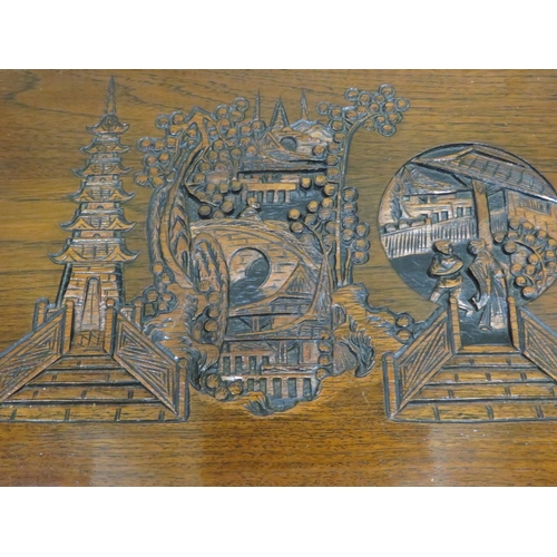 399 - Well Made Oriental set of four stacking tables. Each with lovely carving under glass top. Each in go... 