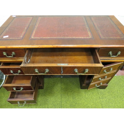 400 - Reproduction Knee Hole twin pedestal desk with three segment writing surface in Red tooled Leather. ... 