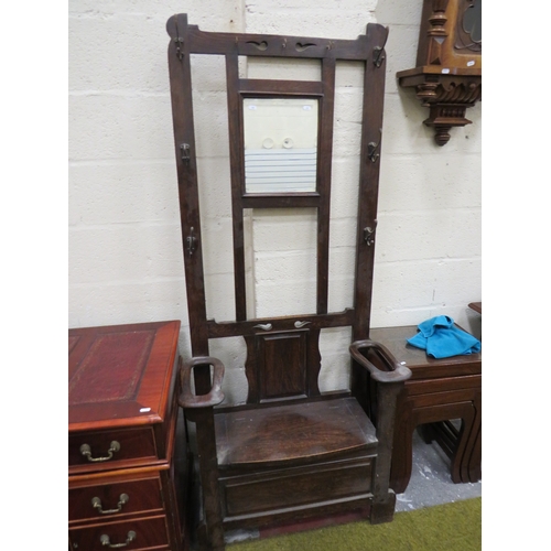 402 - Victorian Oak Hallway stand with lifting seat, coat hooks, brolly and stick stand with original meta... 