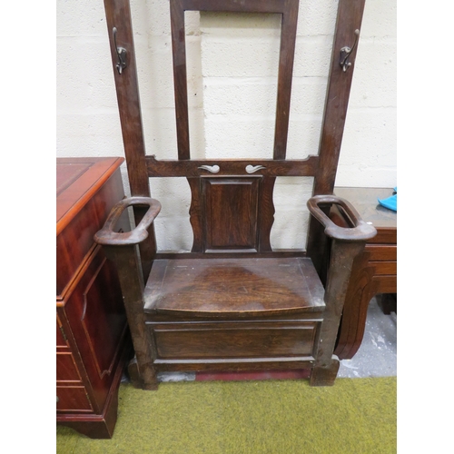 402 - Victorian Oak Hallway stand with lifting seat, coat hooks, brolly and stick stand with original meta... 