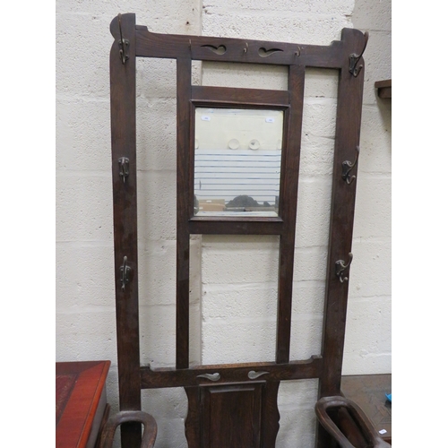 402 - Victorian Oak Hallway stand with lifting seat, coat hooks, brolly and stick stand with original meta... 