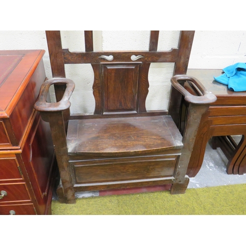 402 - Victorian Oak Hallway stand with lifting seat, coat hooks, brolly and stick stand with original meta... 