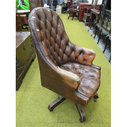 405 - Vintage Leather Chesterfield style office chair with five branch legs on PVC castors. Rise/Recline. ... 