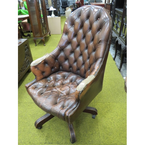 405 - Vintage Leather Chesterfield style office chair with five branch legs on PVC castors. Rise/Recline. ... 