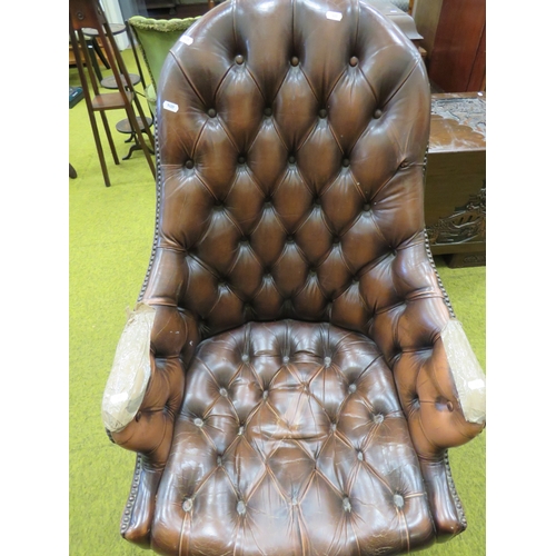 405 - Vintage Leather Chesterfield style office chair with five branch legs on PVC castors. Rise/Recline. ... 