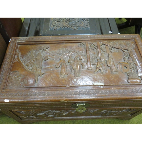 413 - Late 19th/Early 20th Century Oriental carved chest with Camphor wood interior. Lots of ornate carvin... 