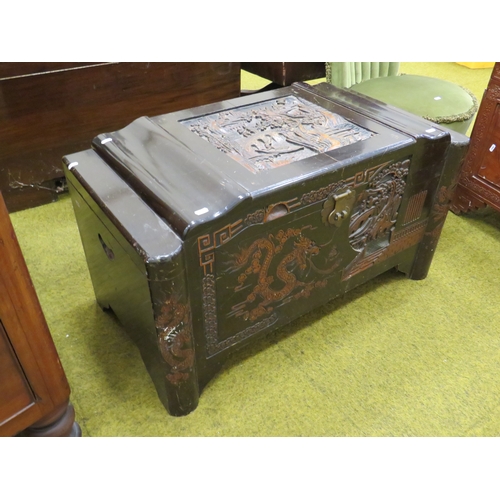 414 - Late19th/Early 20th Century Oriental Carved Chest with Camphorwood interior. Lots of carving to pane... 