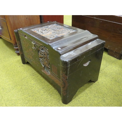 414 - Late19th/Early 20th Century Oriental Carved Chest with Camphorwood interior. Lots of carving to pane... 