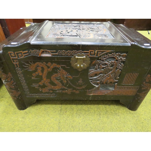 414 - Late19th/Early 20th Century Oriental Carved Chest with Camphorwood interior. Lots of carving to pane... 