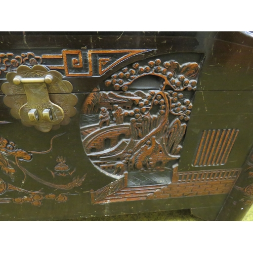 414 - Late19th/Early 20th Century Oriental Carved Chest with Camphorwood interior. Lots of carving to pane... 