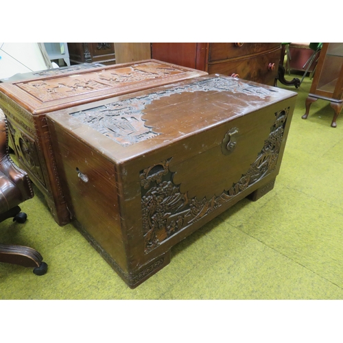 415 - Early 20th Century Oriental Carved Chest with Camphor wood interior. Carving to top and front panels... 