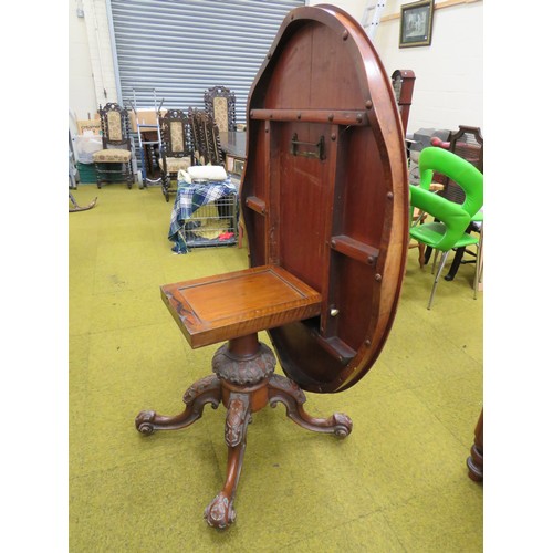 424 - Late Victorian Tilt Top Table with Oval Walnut Veneer top. Heavy Mahogany base with four curved legs... 