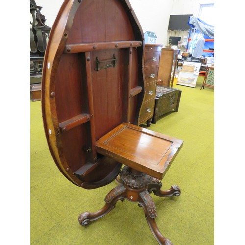 424 - Late Victorian Tilt Top Table with Oval Walnut Veneer top. Heavy Mahogany base with four curved legs... 