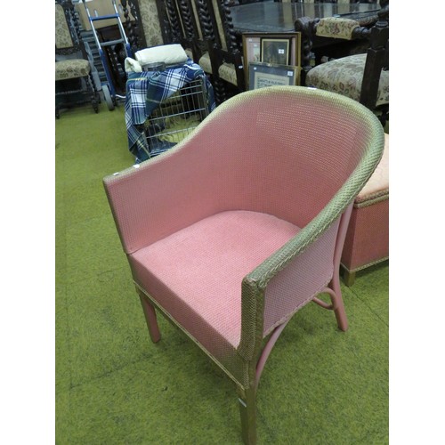 427 - Mid 20th Century Lloyd Loom style Tub Chair with Matching lift lid ottoman with upholstered lid. Bot... 