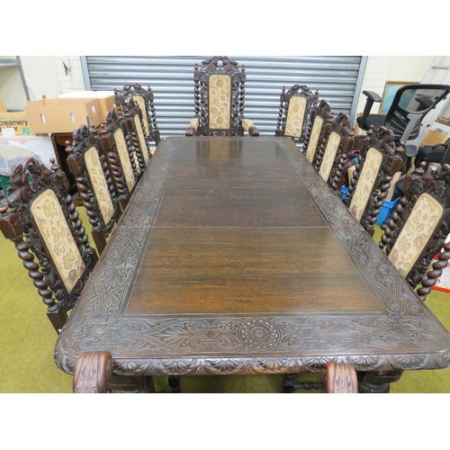 428 - Late 19th Century Dark Oak wind out Dining table with two 18 inch extention leaves. Heavily carved l... 