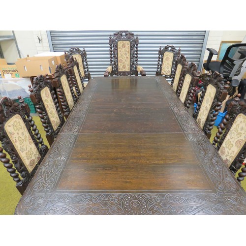 428 - Late 19th Century Dark Oak wind out Dining table with two 18 inch extention leaves. Heavily carved l... 