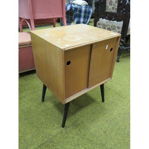 430 - Pleasing small Teak effect Record cabinet. Raised on screw in , ebonised tapered cylindrical legs, s... 