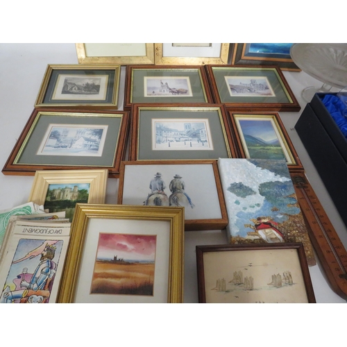 268 - Selection of small framed prints and watercolours plus a set of crystal glasses etc.