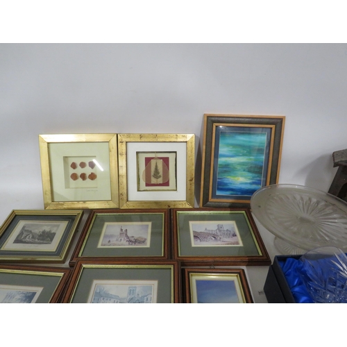 268 - Selection of small framed prints and watercolours plus a set of crystal glasses etc.