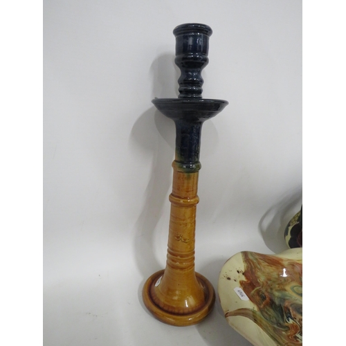 272 - Three pieces of art pottery including a belgium majolica candlestick.