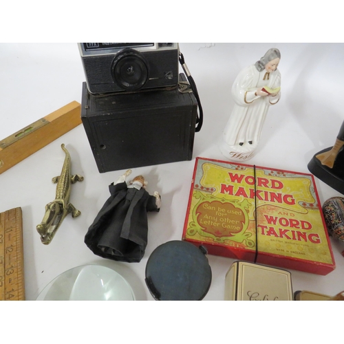 274 - Interesting mixed collectables lot including a ink well, pin cushion, cameras, mini bible, vintage p... 