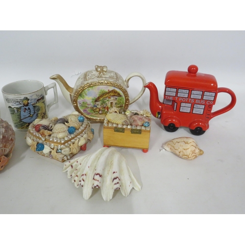 276 - Mixed lot of ceramics and shells including a sadler barrel teapot.