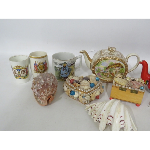 276 - Mixed lot of ceramics and shells including a sadler barrel teapot.