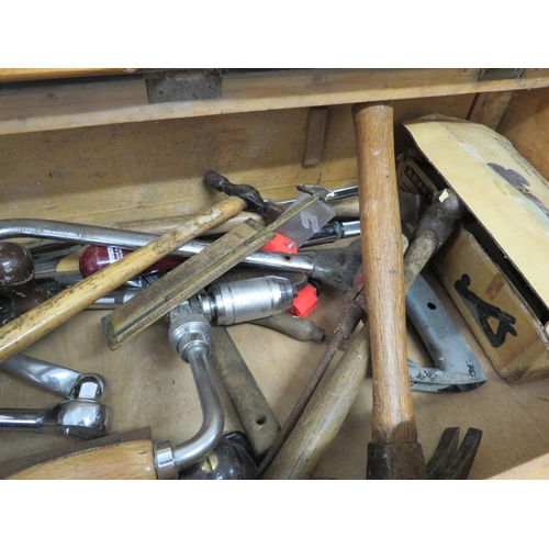 323 - Wooden tool chest and contents including Planes, spanners, hammers, hand drills etc.