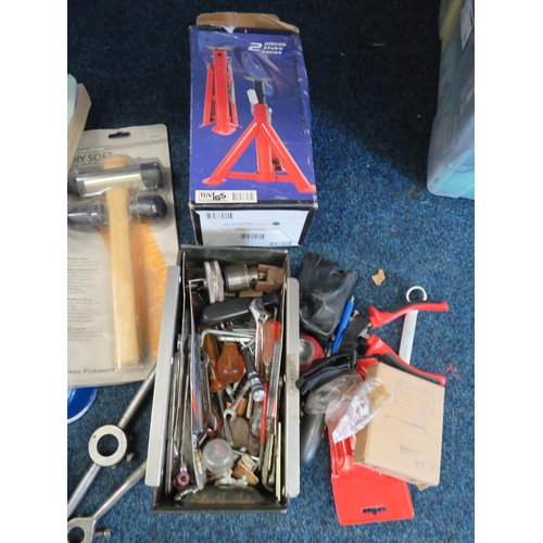 336 - Various car related tools, spanners, axel stands etc.