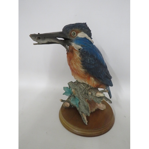 341 - Large kingfisher figurine standing on a wooden base, approx 13