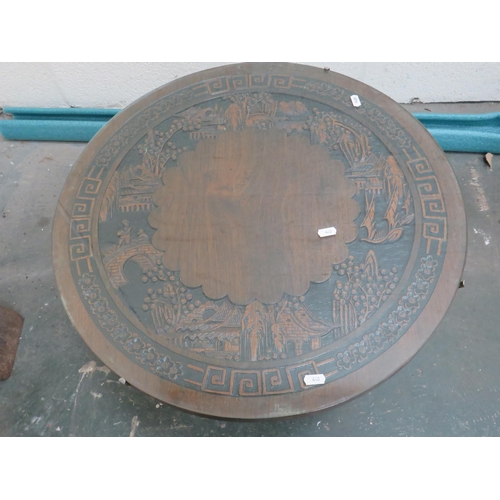 440 - Oriental Tilt Top Coffee table with glass top which covers carved decoration along with a long Coffe... 