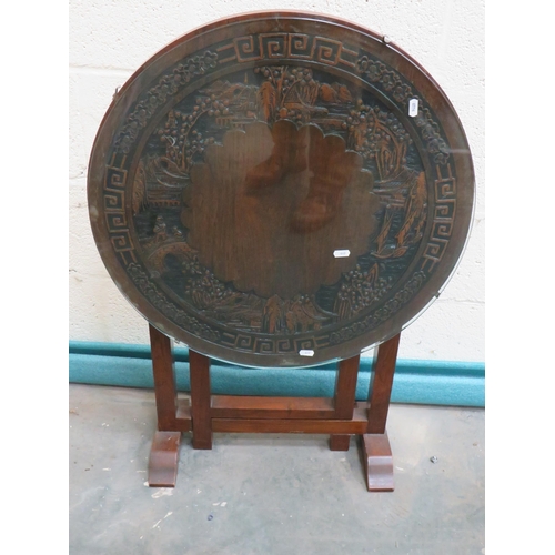 440 - Oriental Tilt Top Coffee table with glass top which covers carved decoration along with a long Coffe... 