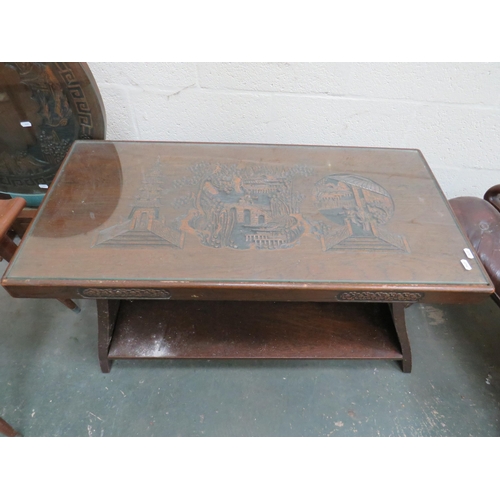 440 - Oriental Tilt Top Coffee table with glass top which covers carved decoration along with a long Coffe... 