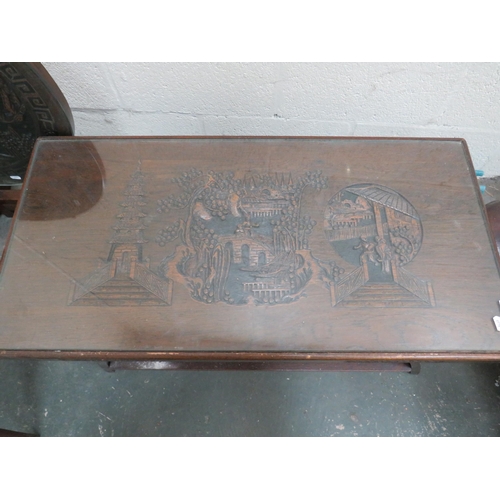 440 - Oriental Tilt Top Coffee table with glass top which covers carved decoration along with a long Coffe... 